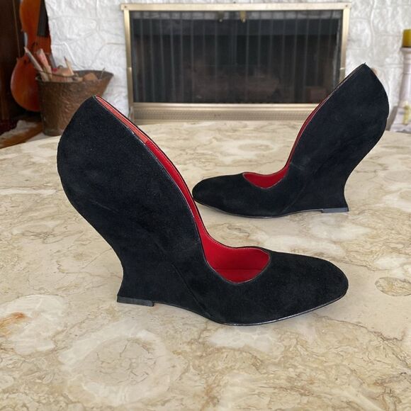 CHARLES JOURDAN Paris Eddie Black Suede Sculpted Wedge Heels 8 1/2 M - Picture 6 of 12